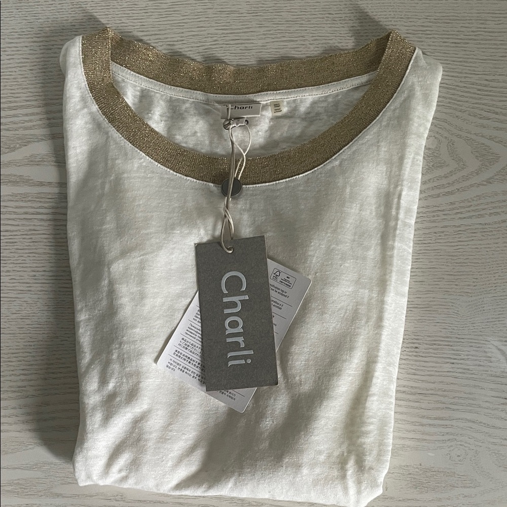 Charli Women's Long Sleeve Top - White and Gold, 100% Linen, new w/tag.